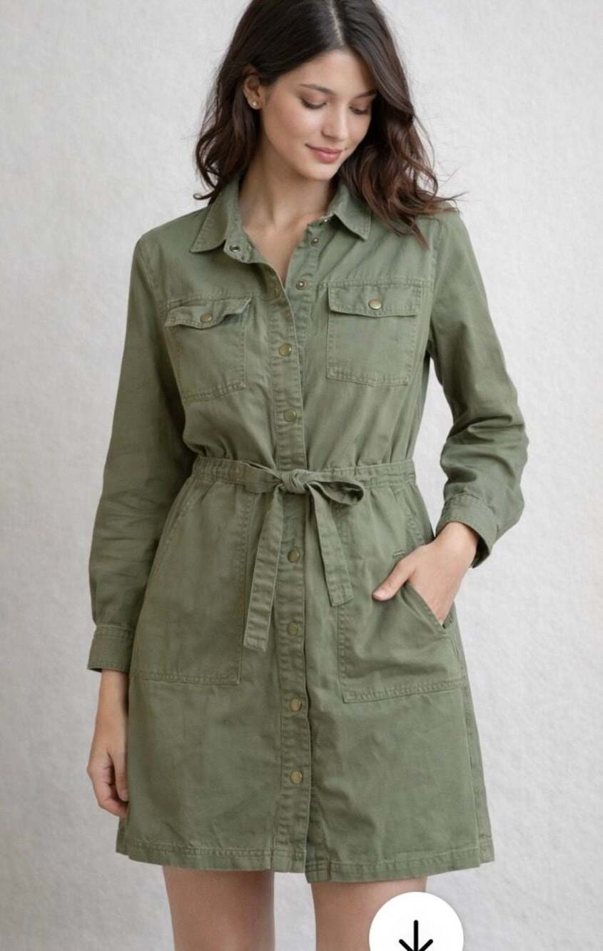 LOFT Green L/S Belted Utility Shirt Dress with Chest Pockets